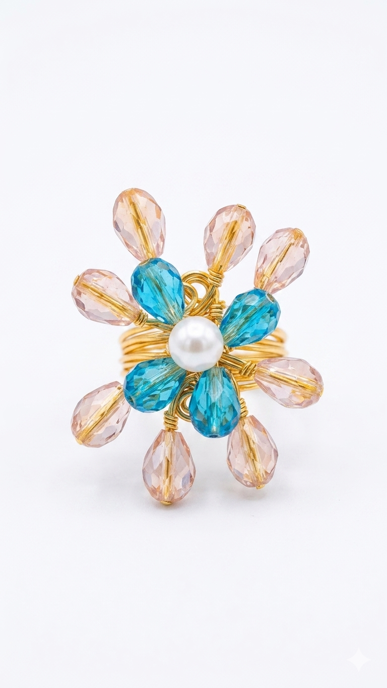 Floral Pearl & Blue Crystal Statement Ring