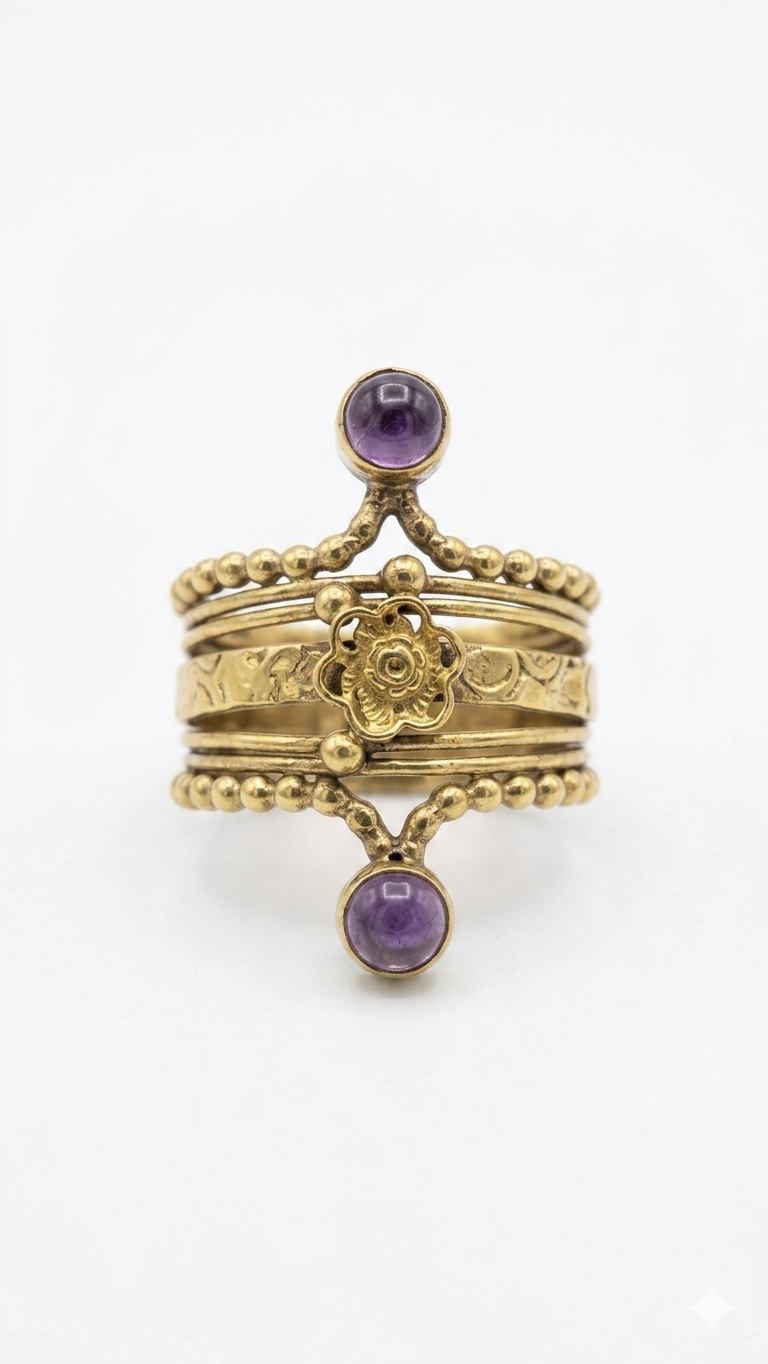Gold Amethyst Statement Ring Boho Adjustable Ring