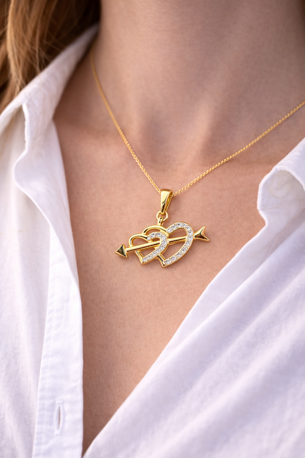 Gold Double Heart Arrow Pendant Necklace