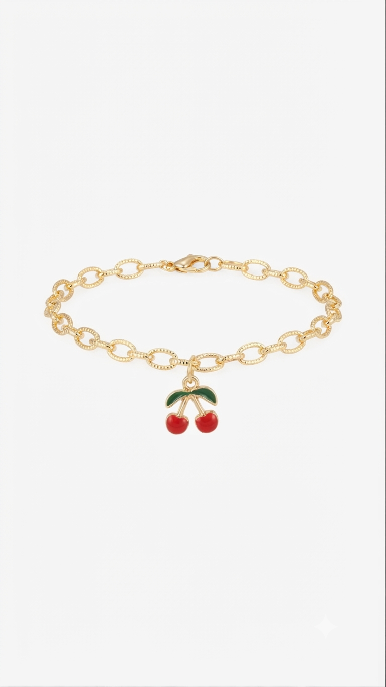 Cherry Charm Bracelet, Gold Chain Bracelet