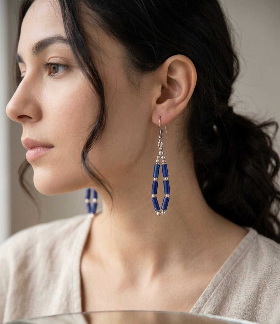 Handmade Blue Lapis Bead Hoop Earrings