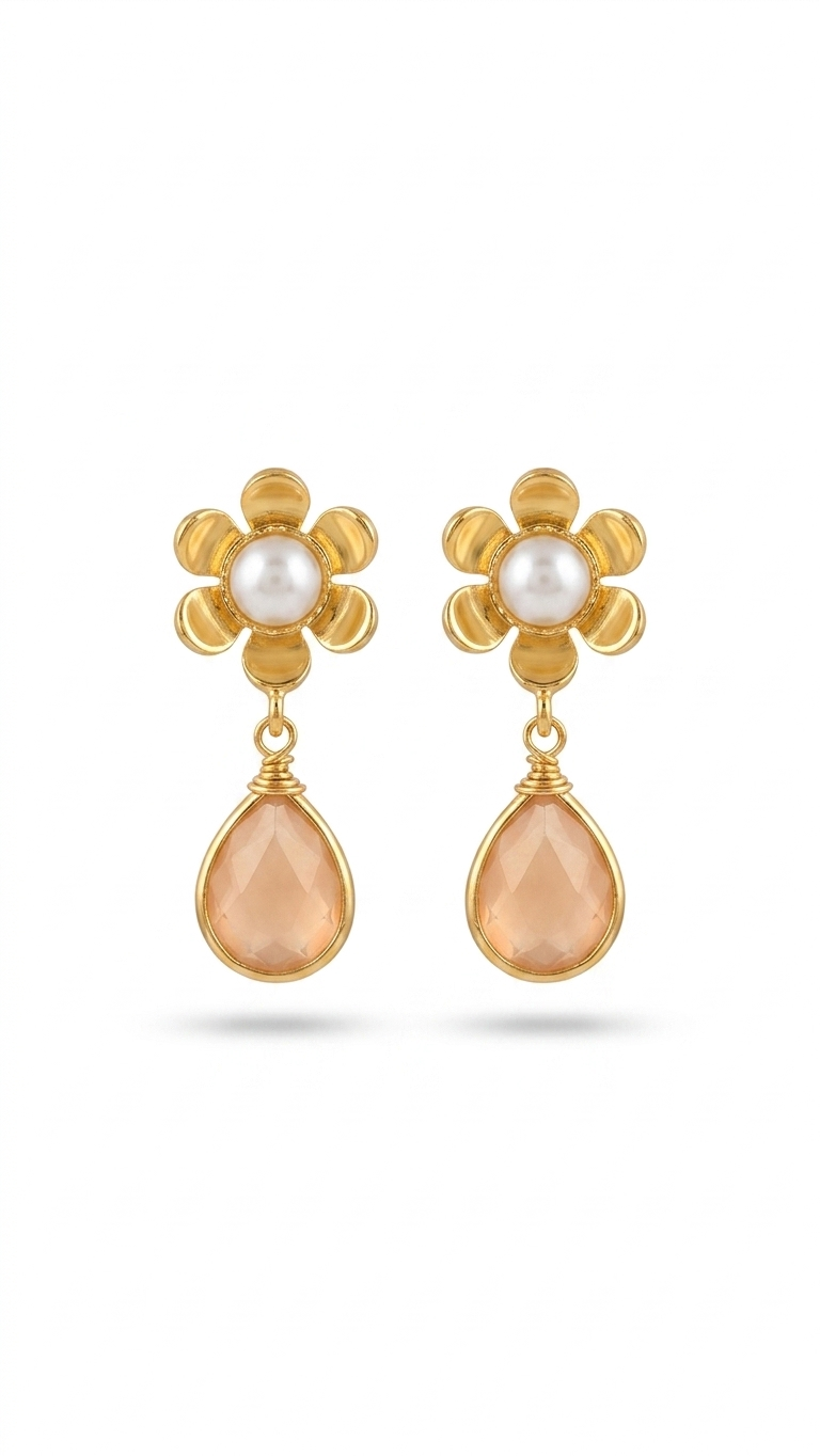 Blush Pink Teardrop Earrings with Pearl Floral