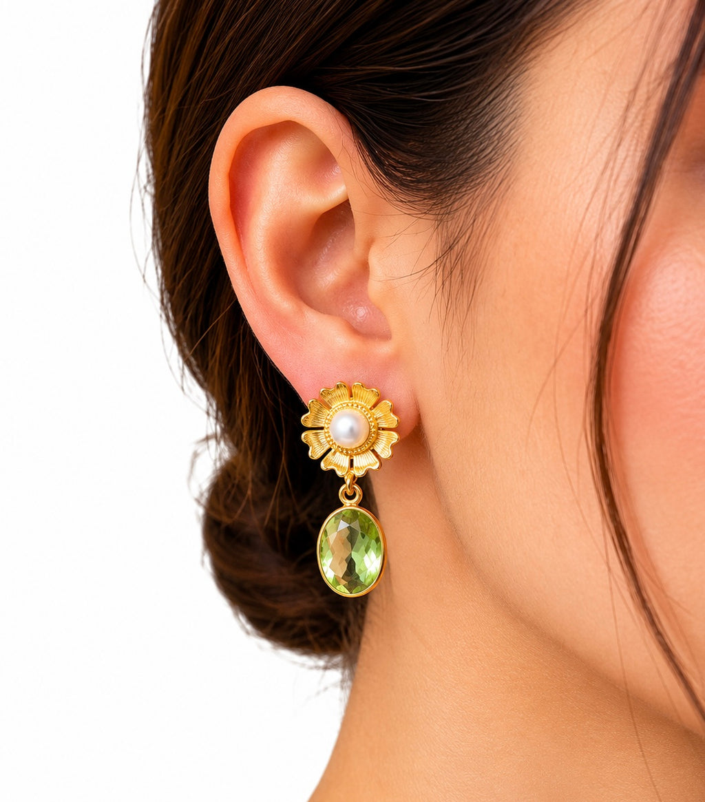 Vintage Floral Pearl & Green Gemstone Drop Earrings
