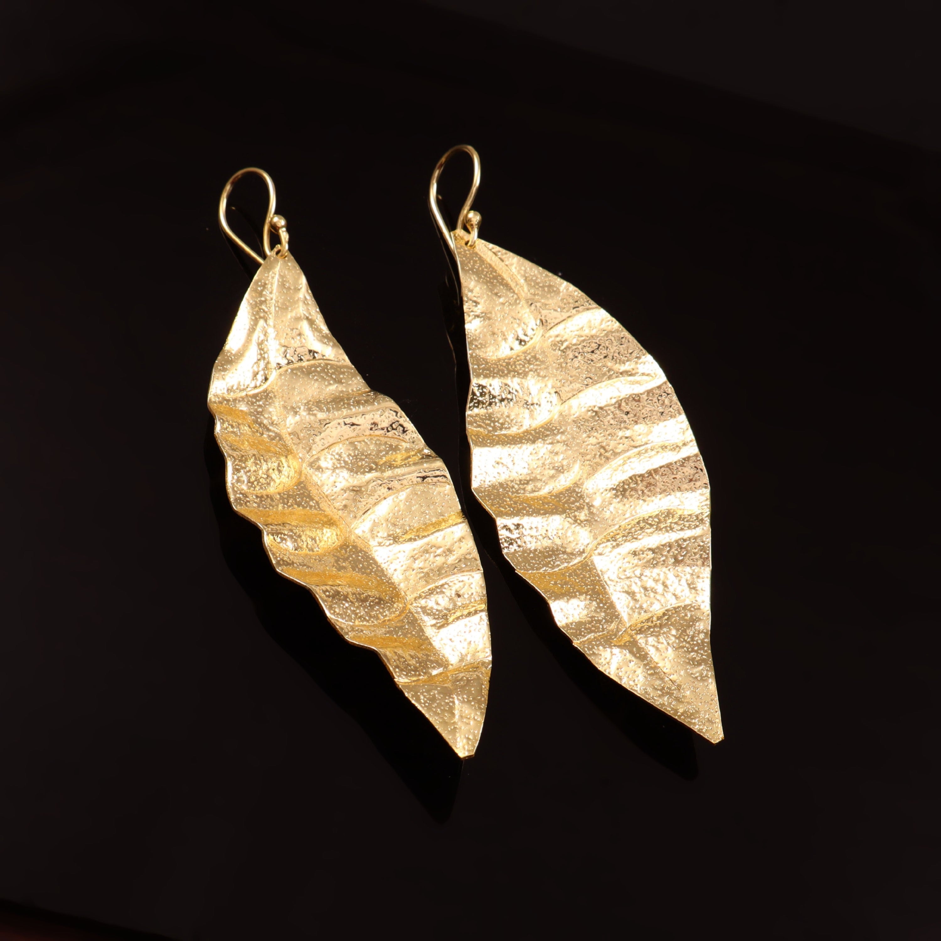 Gold Leaf Dangle Earrings for Women | Textured Leaf Drop Earrings