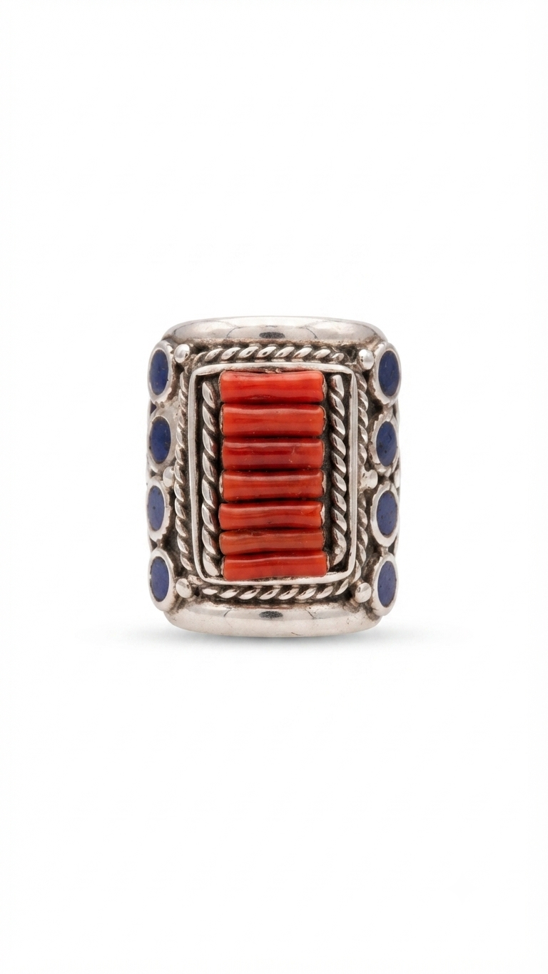 Red Coral & Lapis Lazuli Ring, Artisan Statement Ring