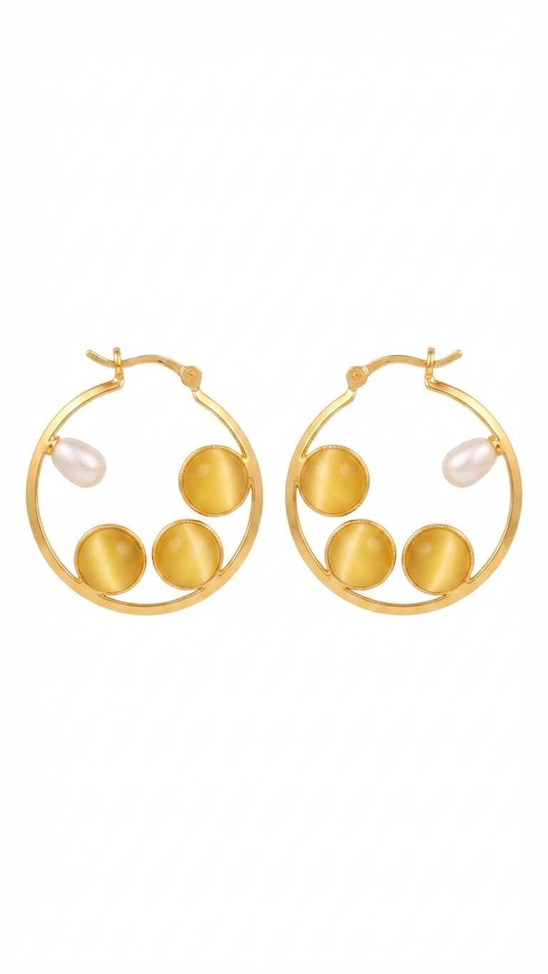 Golden Cat’s Eye & Pearl Hoop Earrings