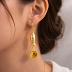 Gold Tone Fish Dangle Earrings Citrine Stone