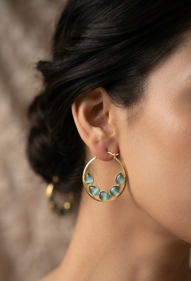 Teal Cat’s Eye Hoop Earrings