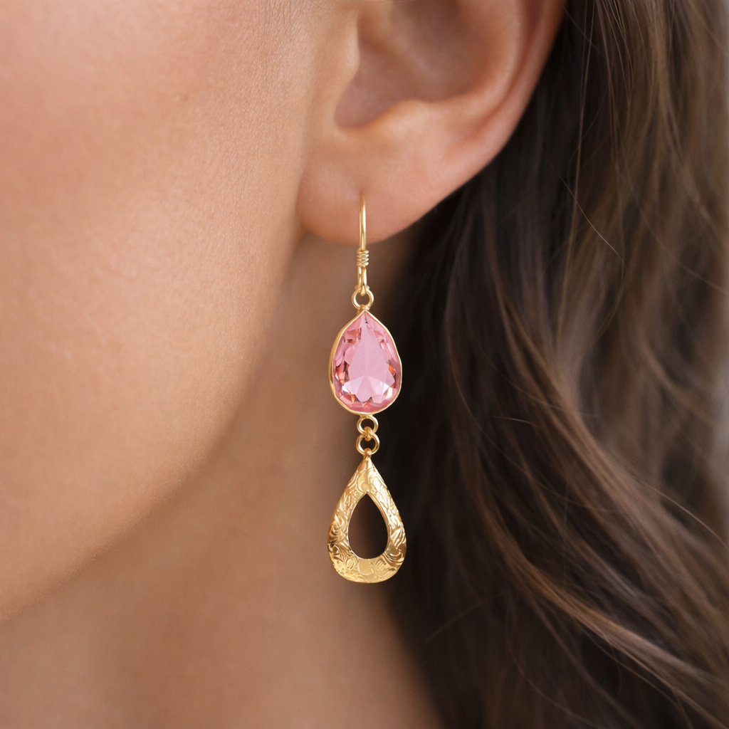 Pink Stone Gemstone Dangle Earrings Gold