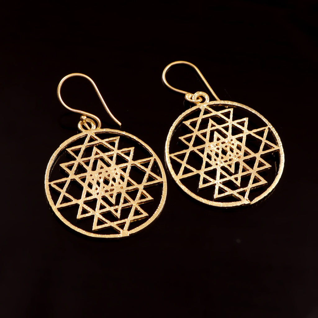 Gold Sri Yantra Mandala Drop Earrings