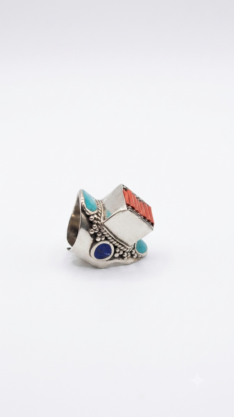 Boho Tribal Coral & Turquoise Ring | Artisan Cocktail Ring