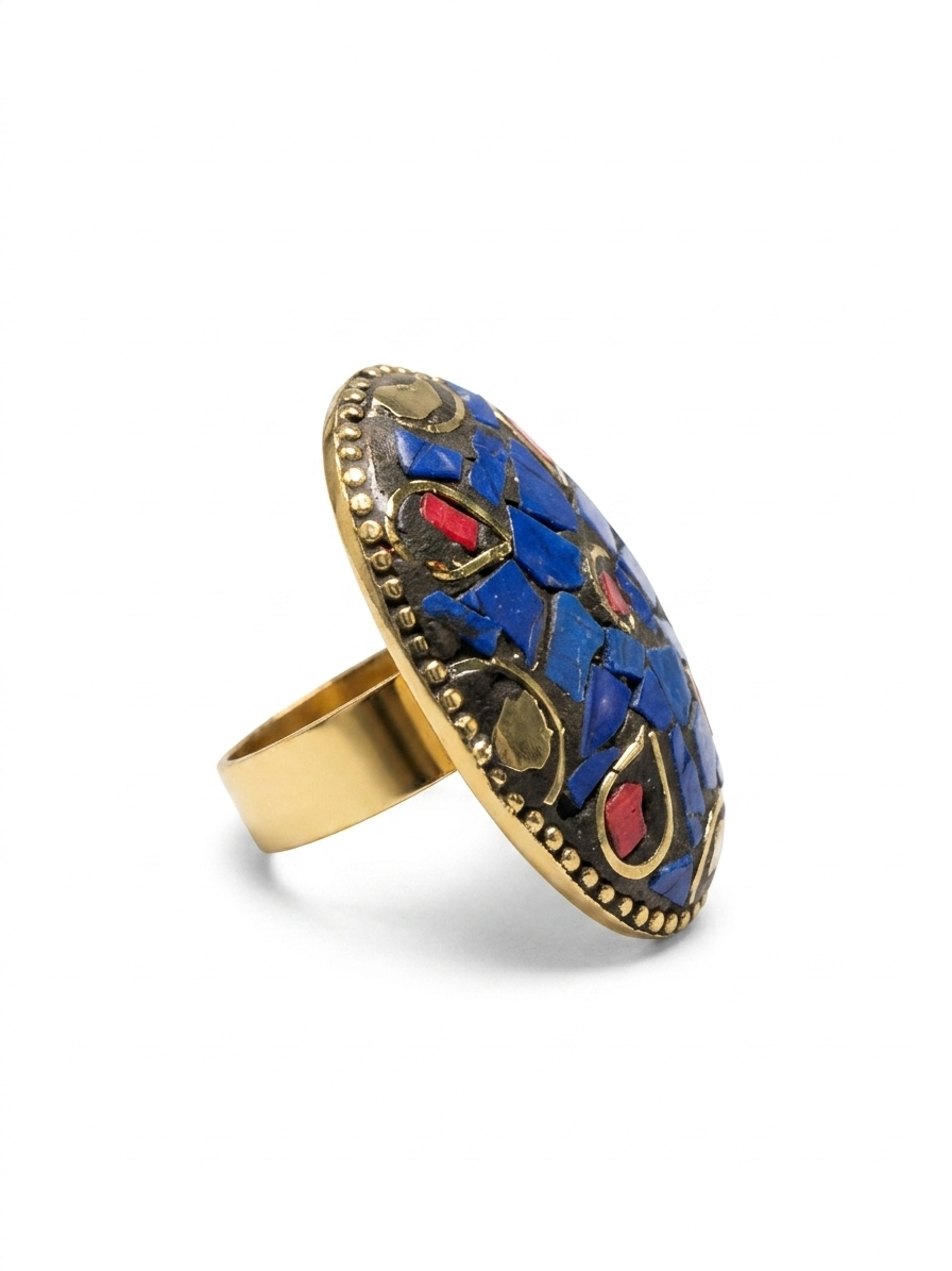 Lapis Lazuli Mosaic Statement Ring | Oval Boho Cocktail Ring