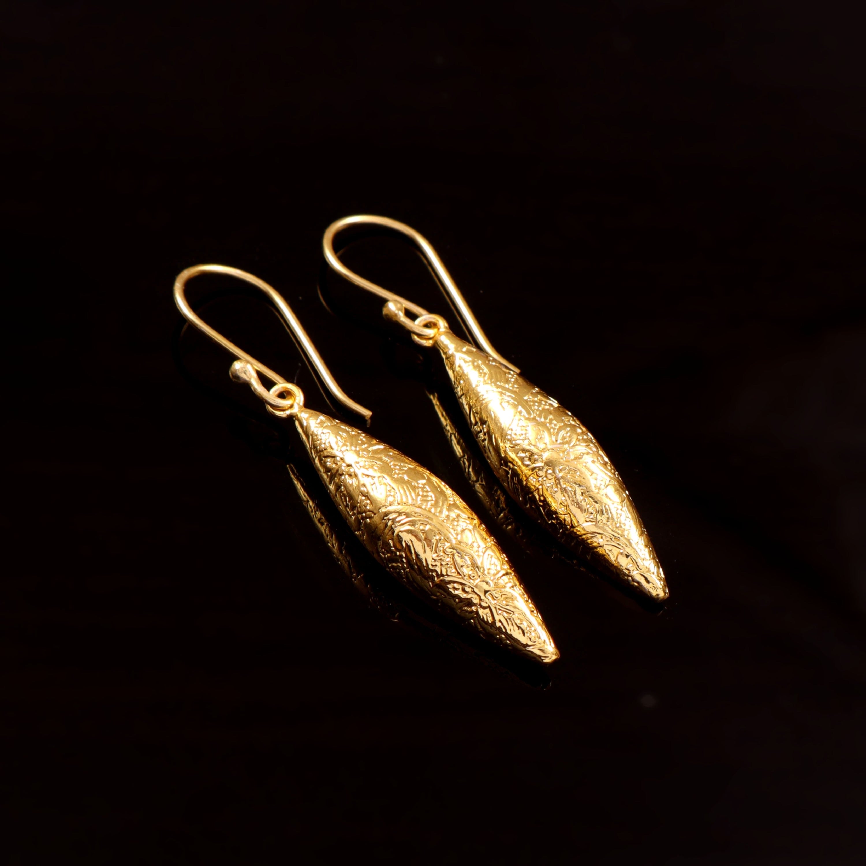 Gold Textured Leaf Drop Earrings