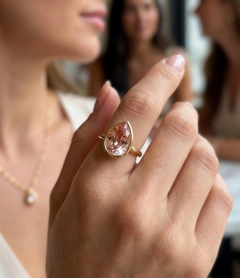 Morganite Pear Gold Ring, Pear Cut Bezel Gemstone Ring