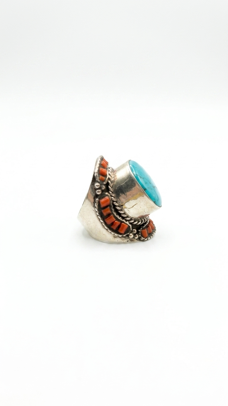 Vintage Turquoise & Coral Statement Ring, Handmade Tribal Silver Ring
