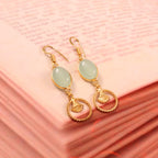 Gold Aqua Stone Shell Charm Dangle Earrings