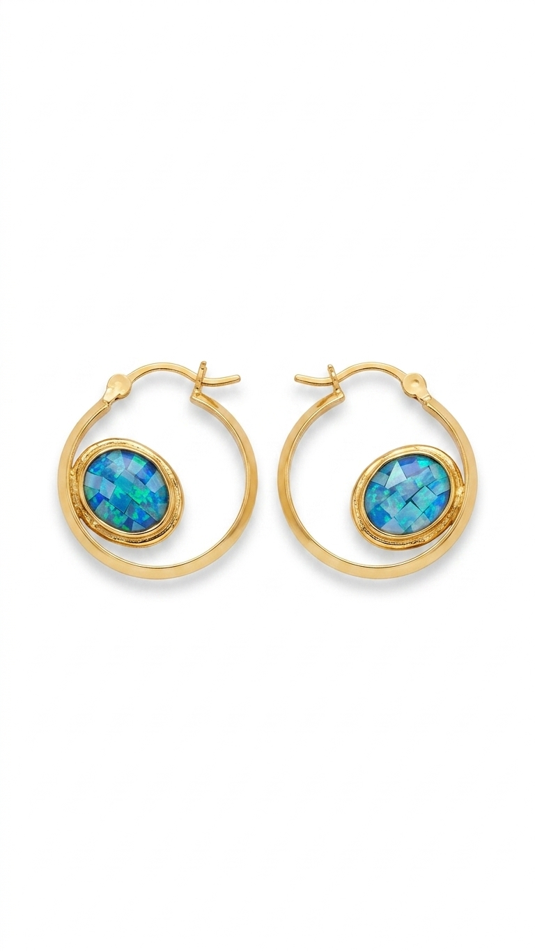 Blue Opal Gold Hoop Earrings