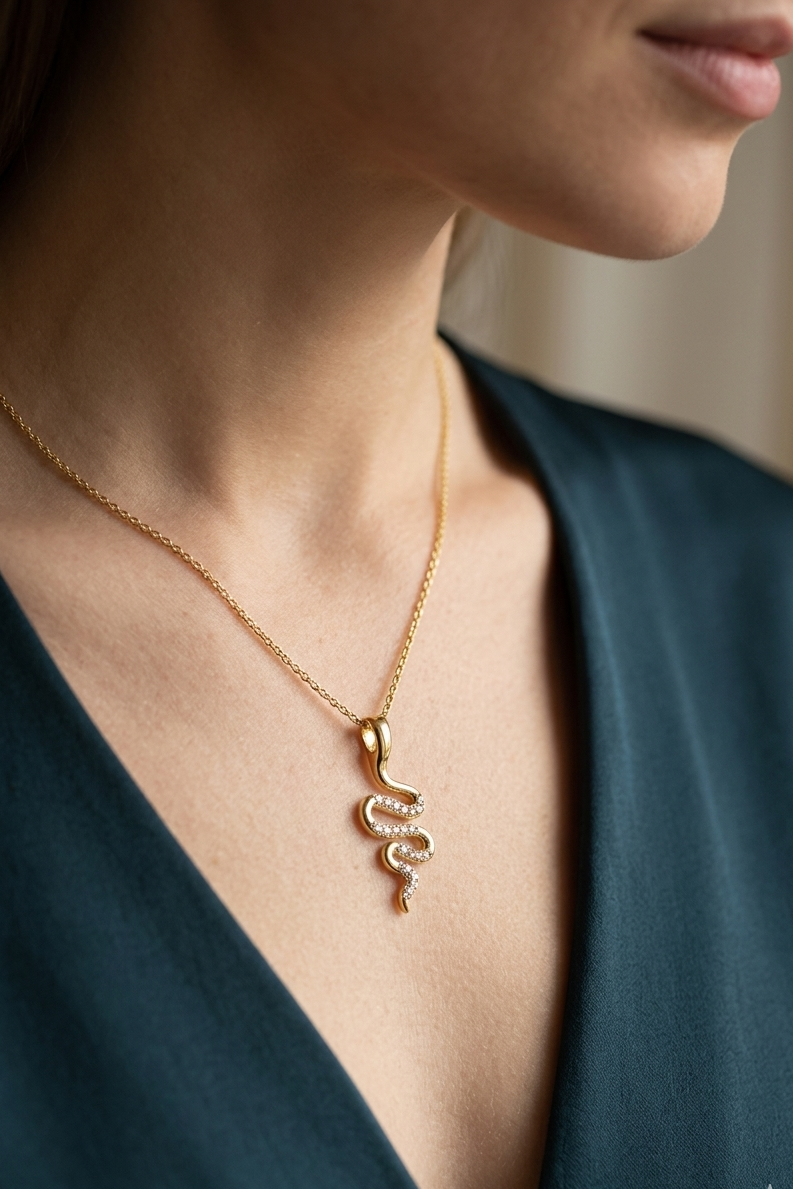 Gold Snake Pendant Necklace, Minimalist Serpent Jewelry