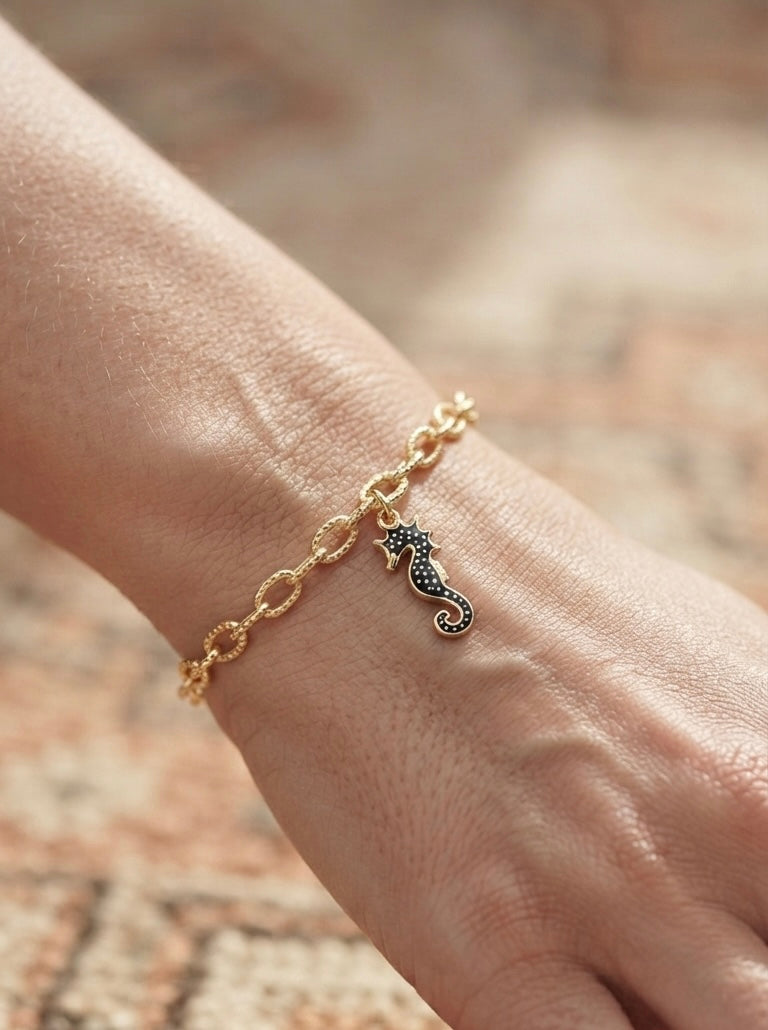 Black Seahorse Charm Bracelet, Gold Link Chain Bracelet