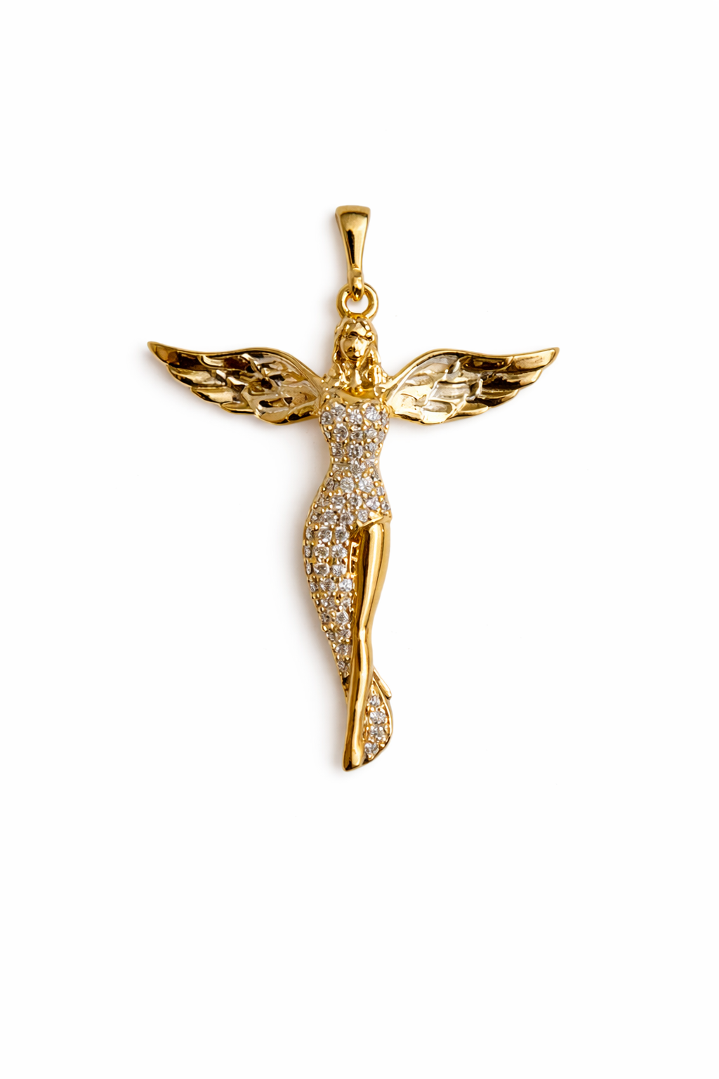 Gold Angel Wing Pendant Necklace with CZ Diamonds