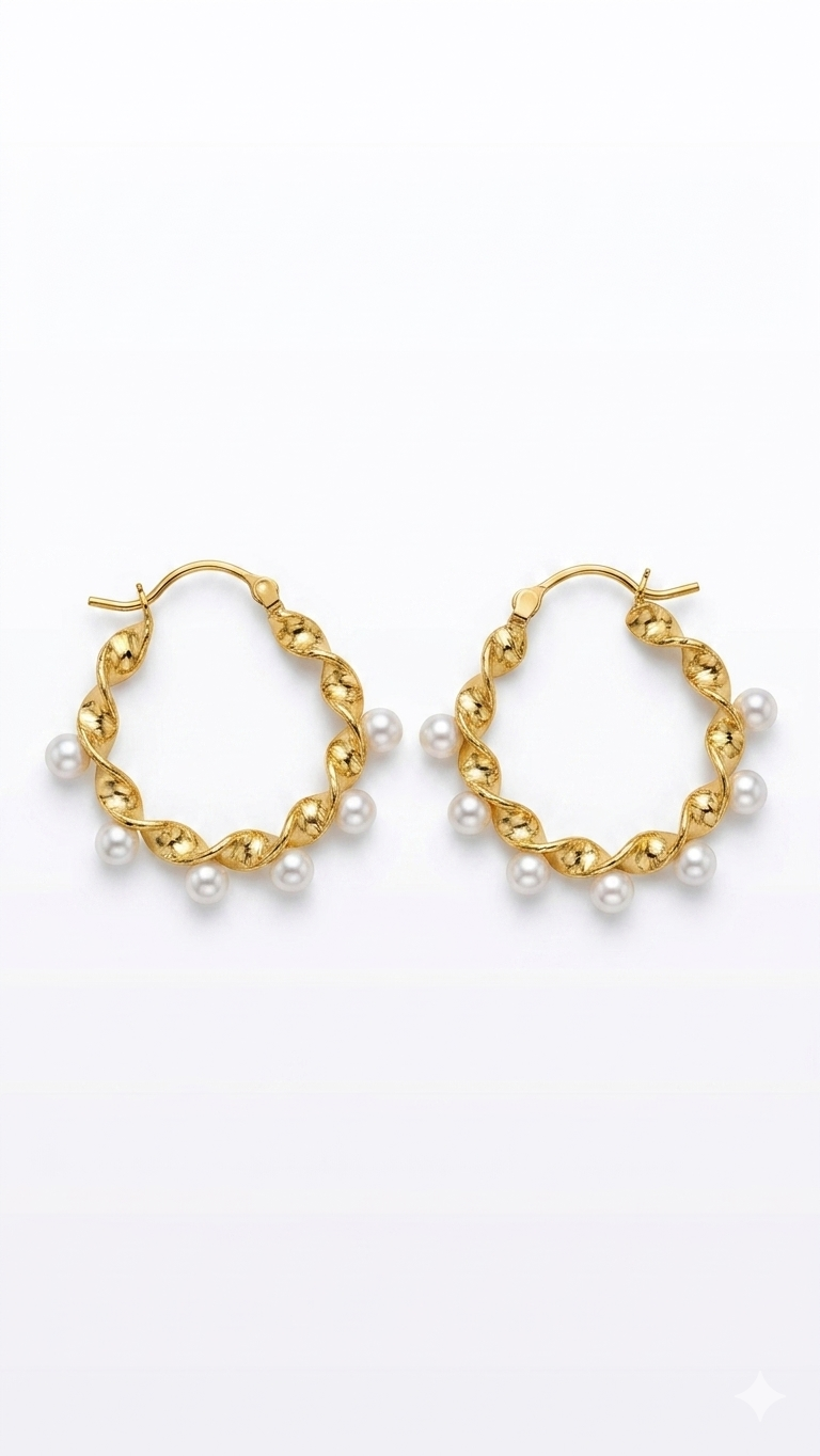 Twisted Gold Pearl Hoop Earrings