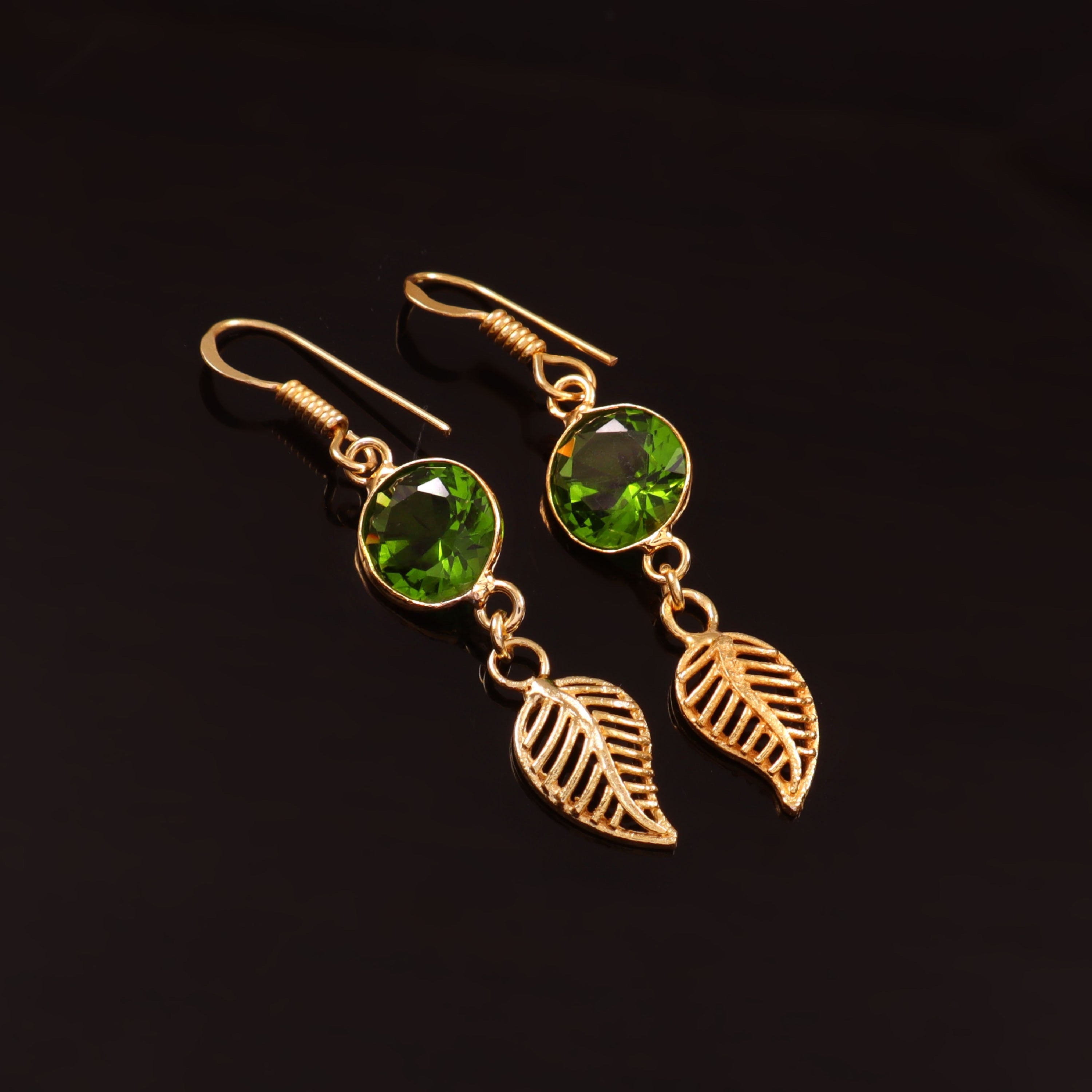 Green Crystal Leaf Dangle Earrings | Gold Leaf Drop Earrings