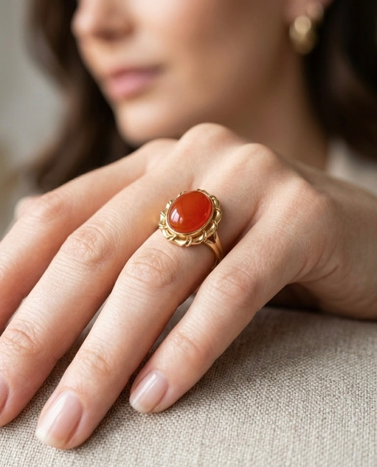 Carnelian Oval Gold Ring, Vintage Statement Ring