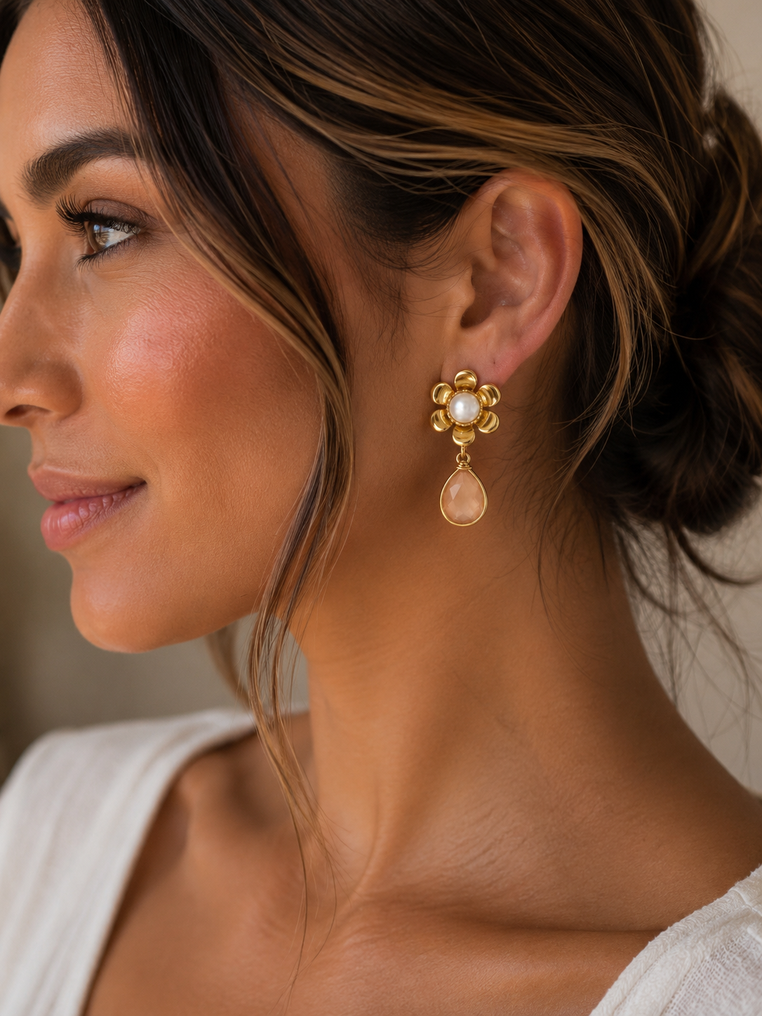Blush Pink Teardrop Earrings with Pearl Floral