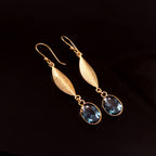 Gold Leaf Drop Earrings with Blue Crystal