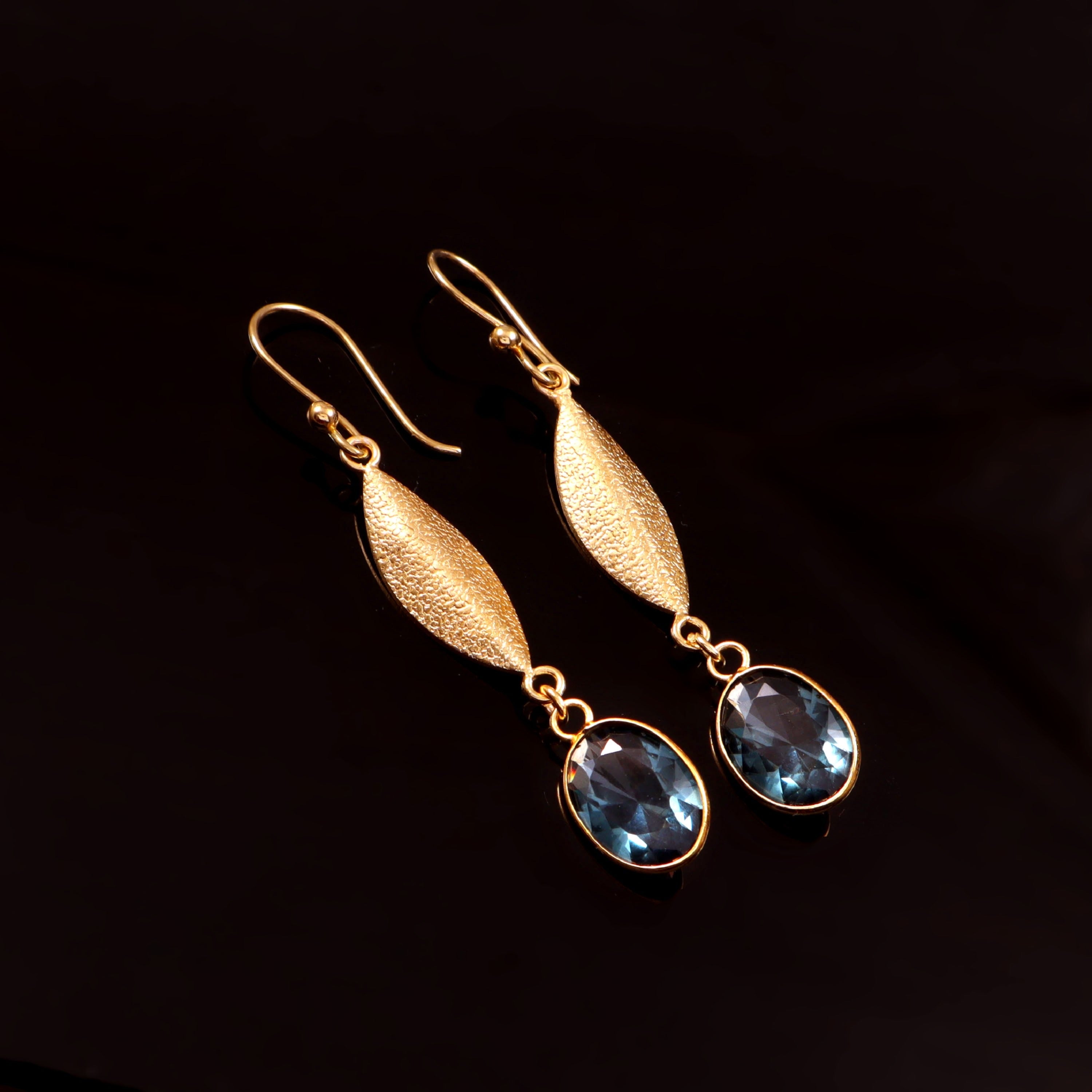 Gold Leaf Drop Earrings with Blue Crystal