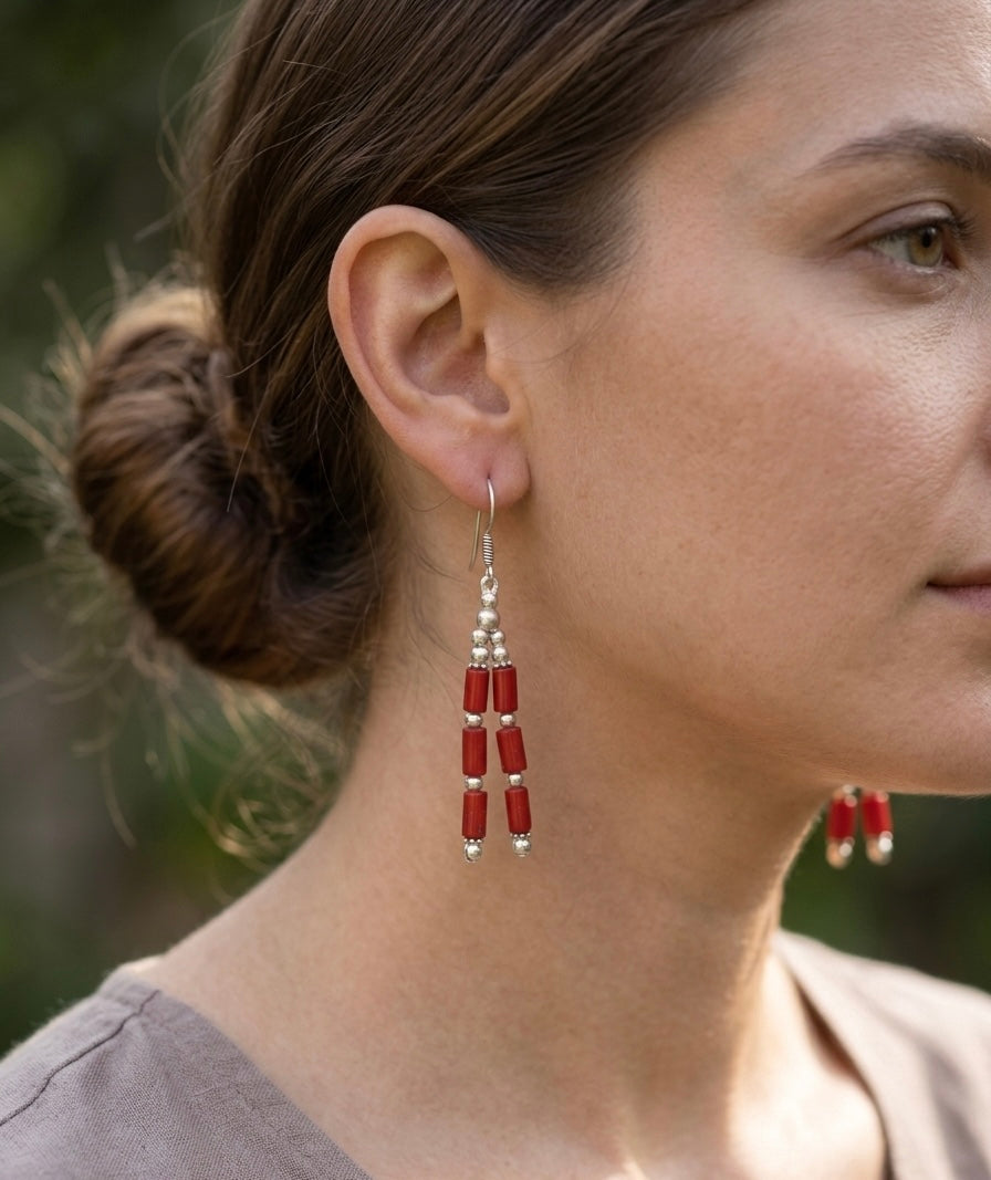 Handmade Red Coral Bead Dangle Earrings