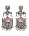 Elegant Pink Stone Oxidised Pearl Drop Earrings