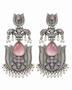 Elegant Pink Stone Oxidised Pearl Drop Earrings