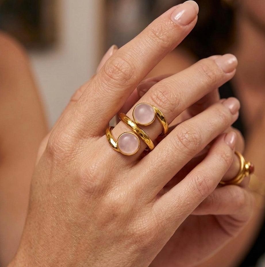 Vintage Rose Quartz Wrap Ring, Gold Adjustable Ring