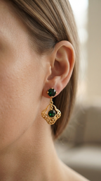 Green Onyx Filigree Drop Earrings in 18K Gold Plated | Handmade