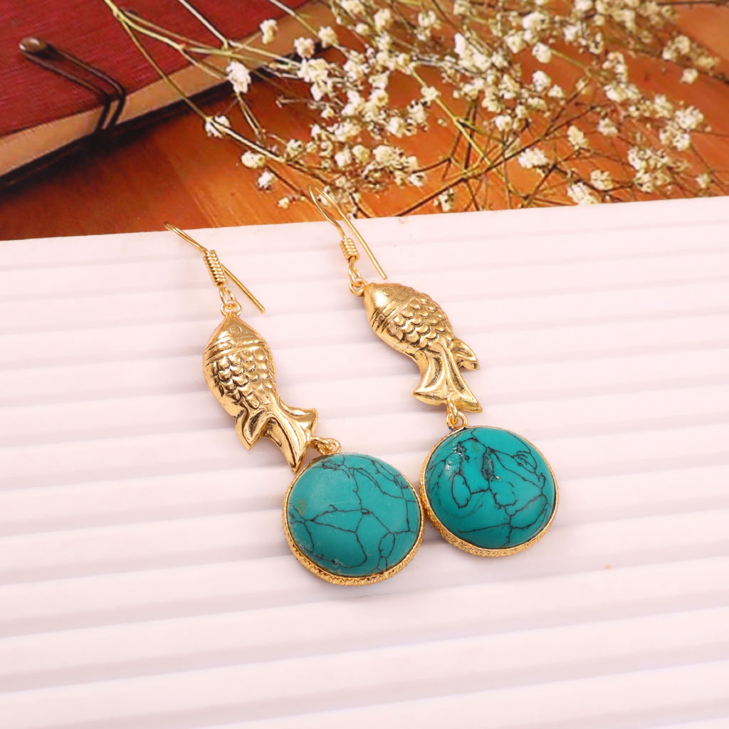 Gold Fish Drop Earrings with Turquoise Stone