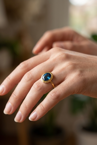 Blue Topaz Oval Ring Gold Minimal Ring