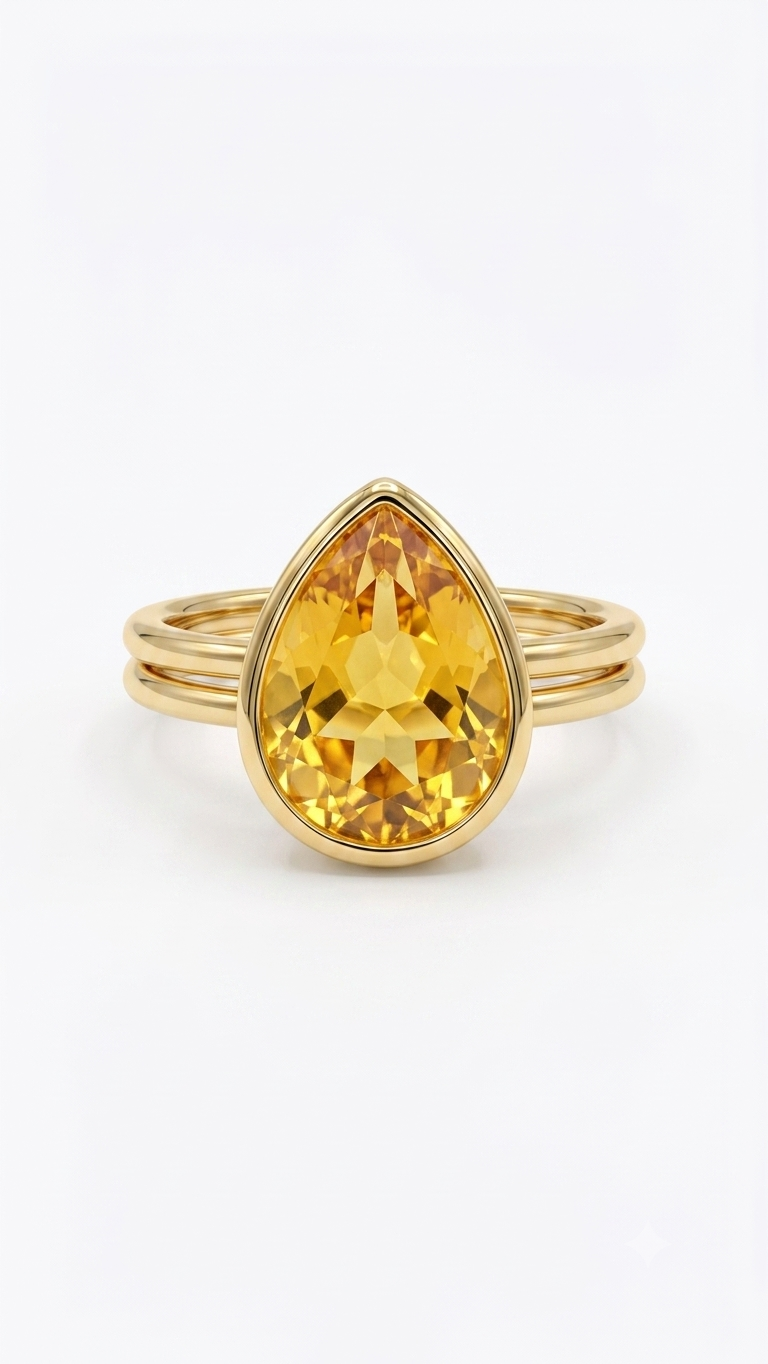 Citrine Pear Gold Ring, Pear Cut Bezel Gemstone Ring