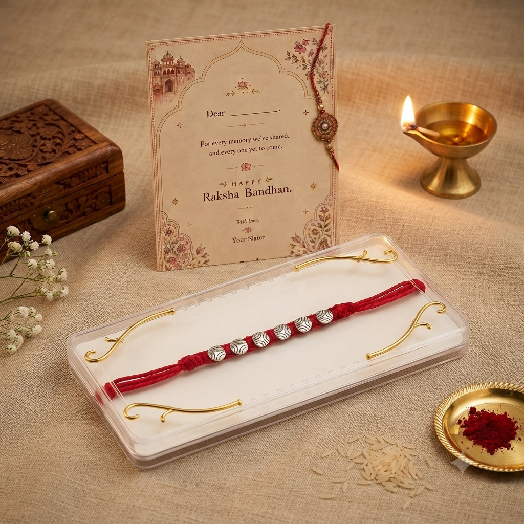 Silver Plated Rakhi for Brother | Handmade Red Thread Rakhi