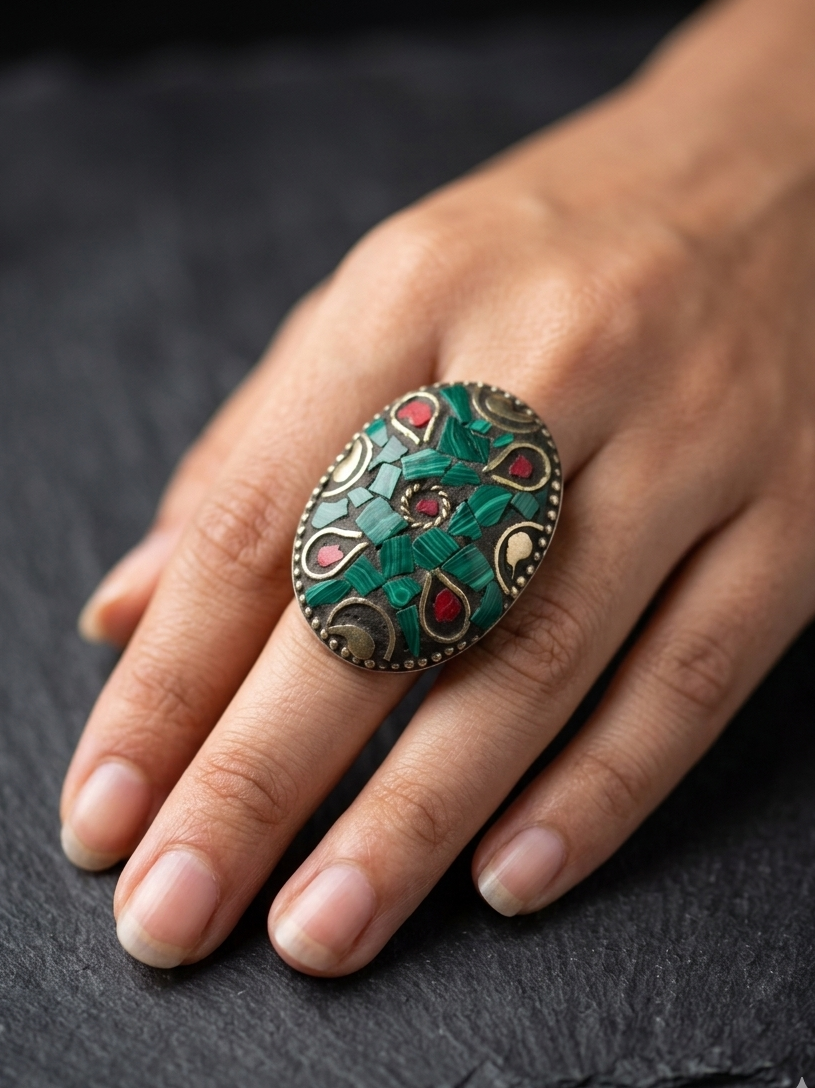 Malachite Mosaic Statement Ring | Oval Boho Cocktail Ring