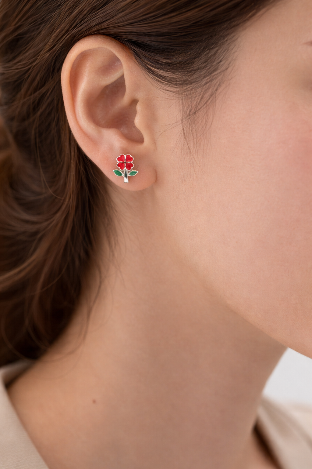 Cute Red Flower Earrings Green Leaf Studs