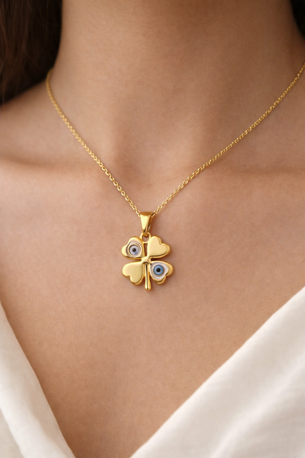 Golden Clover Evil Eye Pendant Necklace