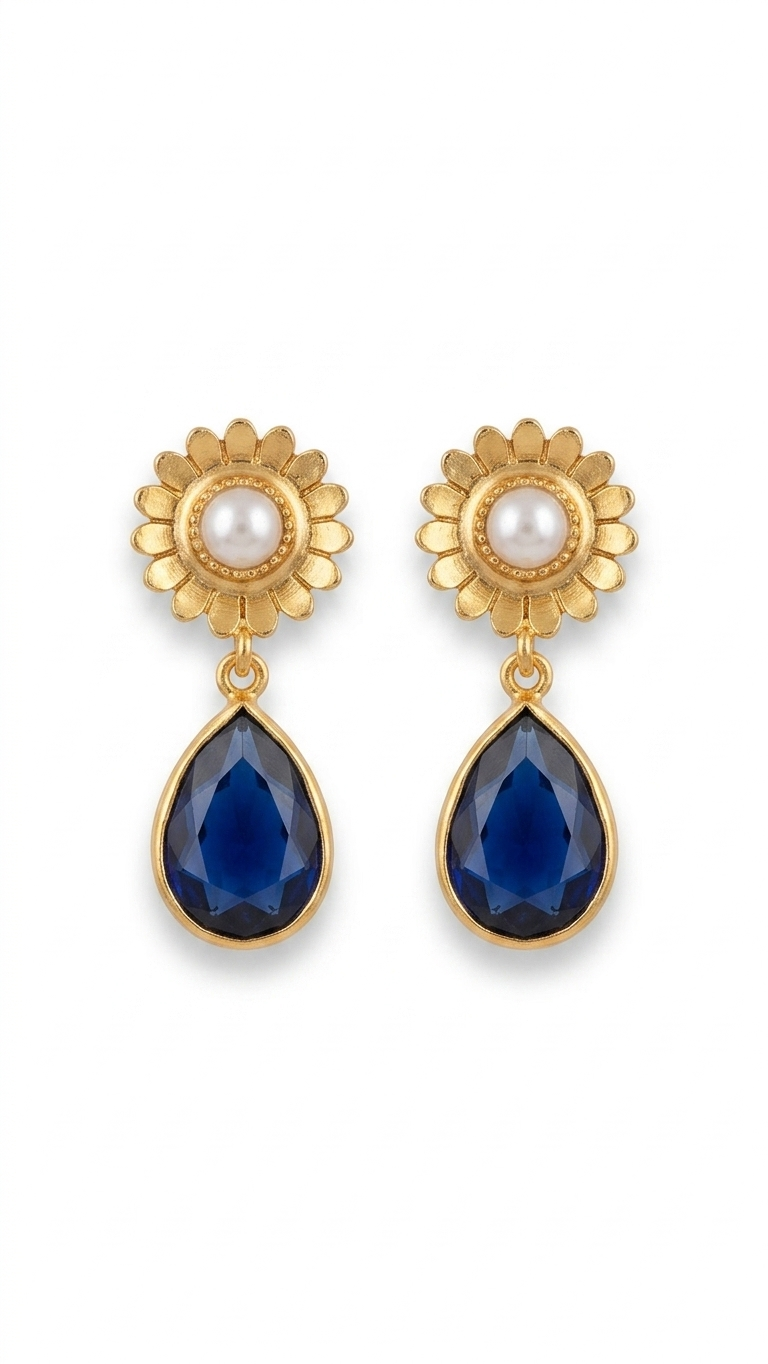 Blue Sapphire Teardrop Earrings with Pearl