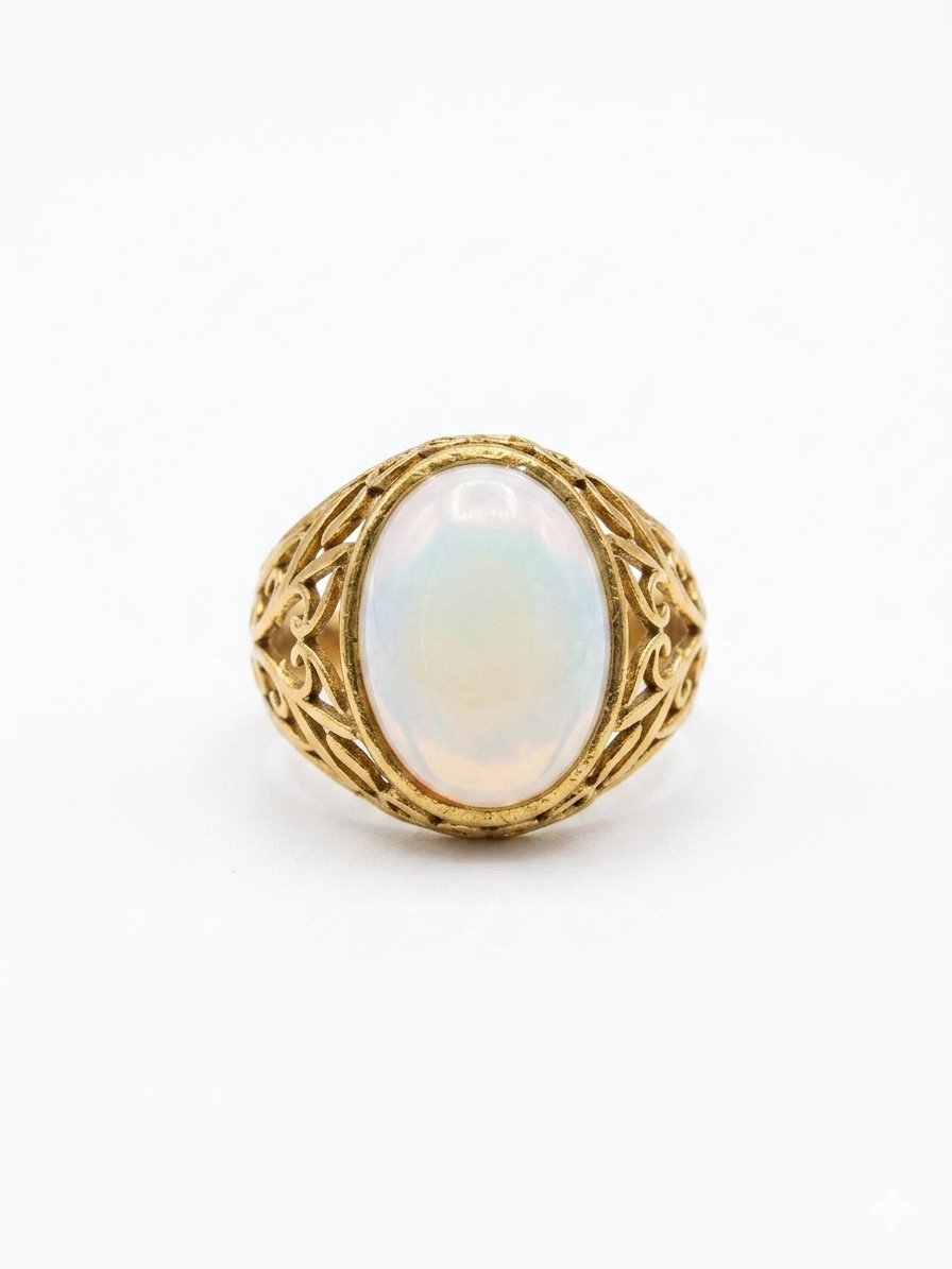 Natural Opal Ring | Oval Opal Statement Ring | Gold Filigree Ring