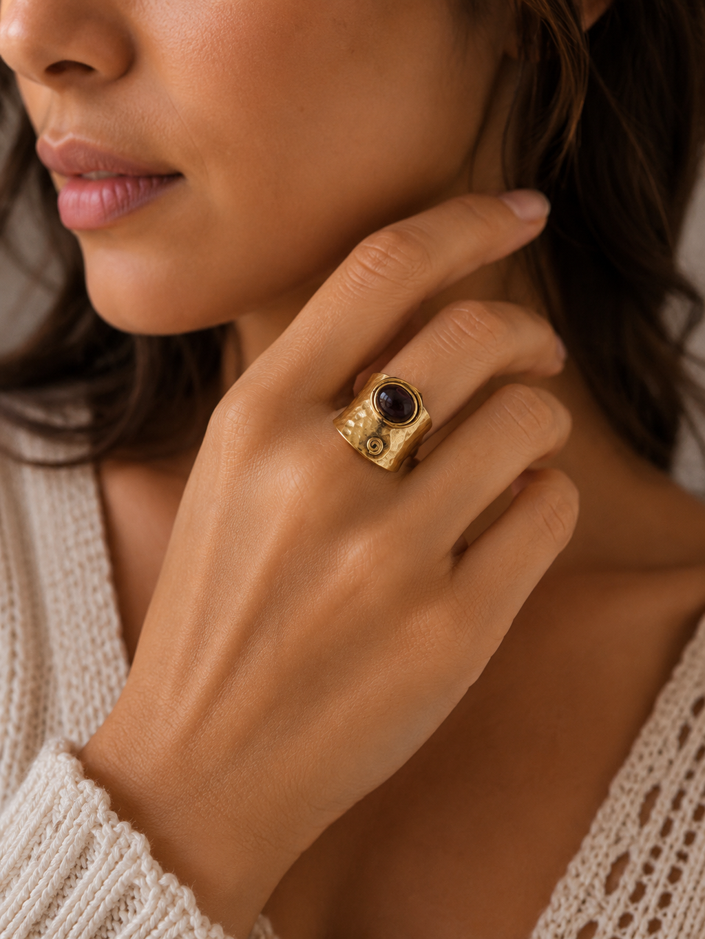 Hammered Gold Amethyst Ring Adjustable