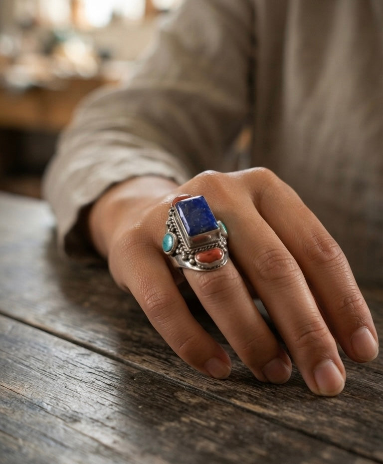 Vintage Lapis Lazuli Statement Ring | Handmade Tibetan Silver Ring