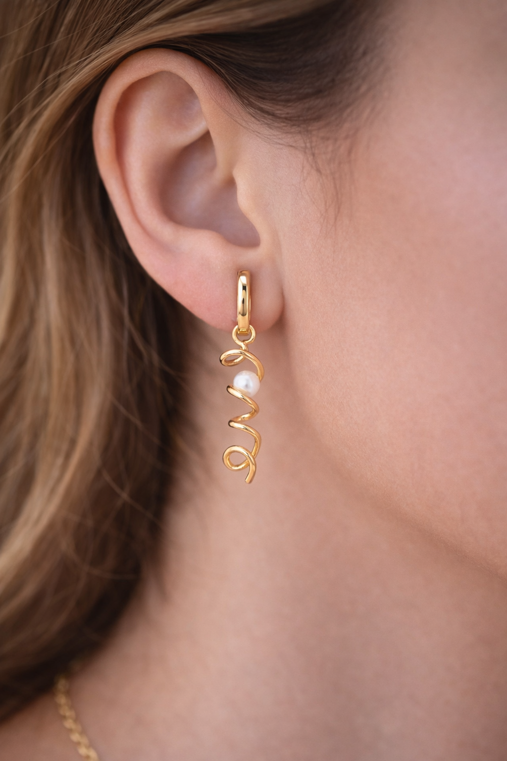 Gold Spiral Pearl Drop Earrings, Minimalist Twist Earrings