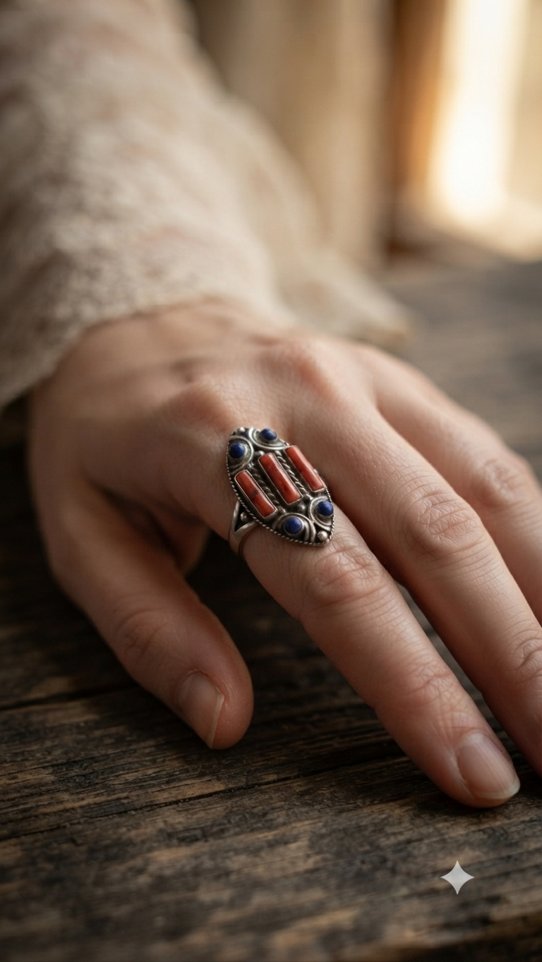Vintage Tibetan Nepali Coral & Lapis Lazuli Ring
