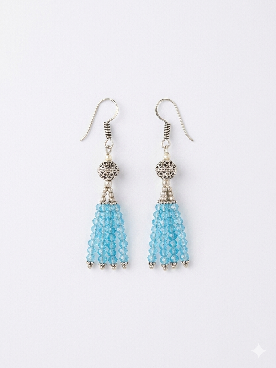 Handmade Light Blue Beaded Tassel Earrings