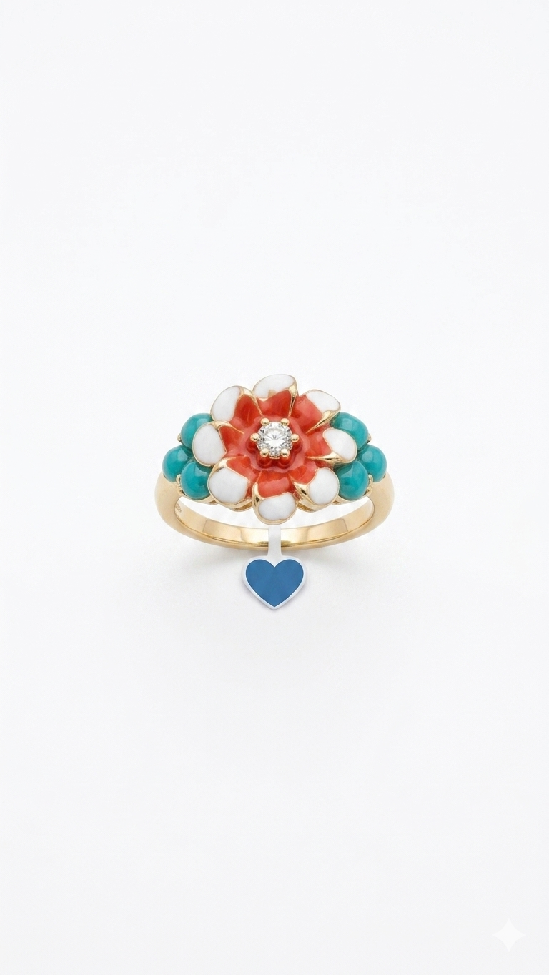 Enamel Flower Ring with Turquoise Accents